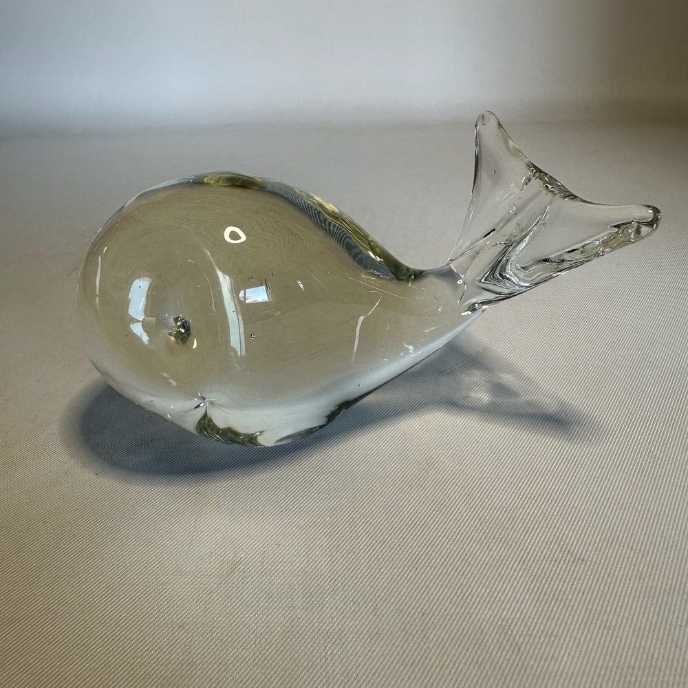 Vintage Hand Blown Clear Art Glass Whale Figurine Paperweight Decor